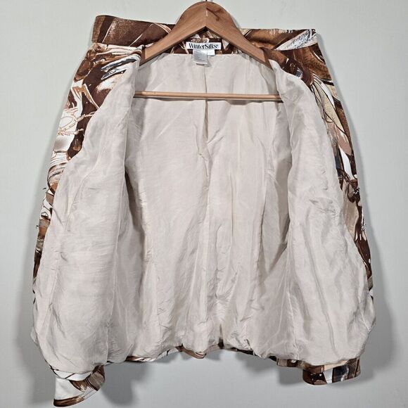 WinterSilks‎ Brown Abstract Art Print Silk Lined Stretch Cotton Blazer Jacket Sz - Picture 3 of 9